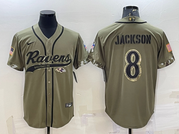 Men's Baltimore Ravens #8 Lamar Jackson 2022 Olive Salute To Service Baseball Nike Jersey