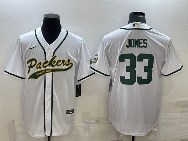 Men's Green Bay Packers #33 Jones White Baseball Nike Jersey