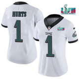 Women Philadelphia Eagles #1 Jalen Hurts White Super Bolw LVII Patch Vapor Untouchable Limited Jersey