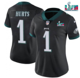 Women Philadelphia Eagles #1 Jalen Hurts Black Super Bolw LVII Patch Vapor Untouchable Limited Jersey