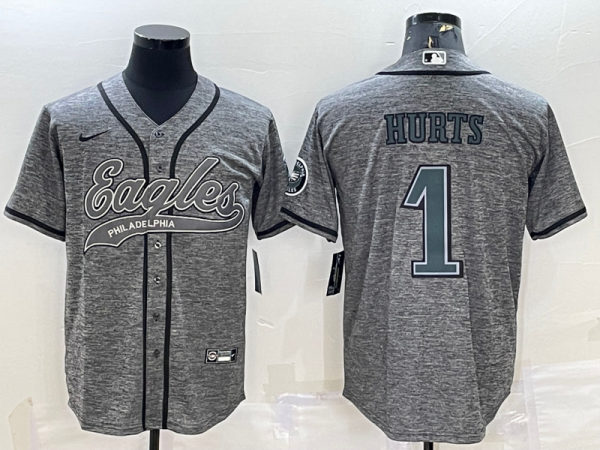 Men's Philadelphia Eagles #1 Hurts Gray With Patch Baseball Jersey