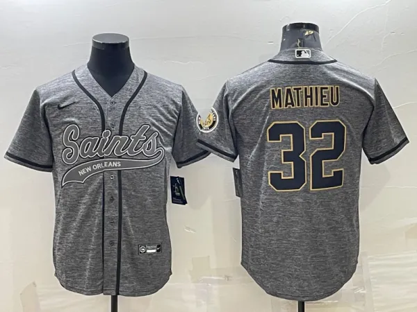 Men's New Orleans Saints #32 Tyrann Mathieu Gray With Patch Baseball Jersey