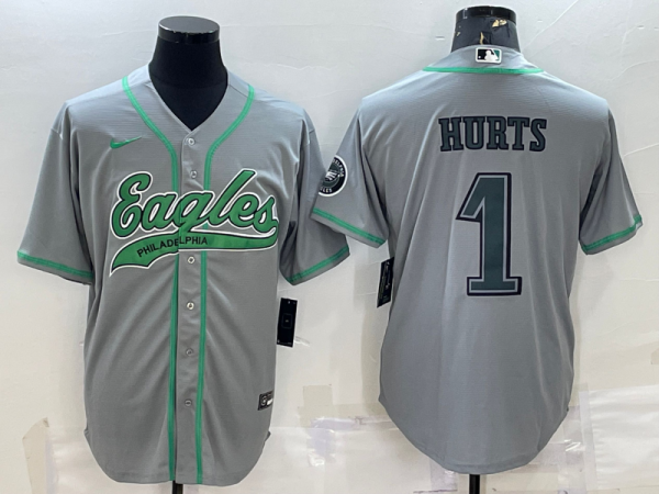 Men's Philadelphia Eagles #1 Hurts Grey Baseball Nike Jersey