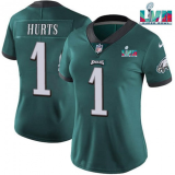 Women Philadelphia Eagles #1 Jalen Hurts Green Super Bolw LVII Patch Vapor Untouchable Limited Jersey