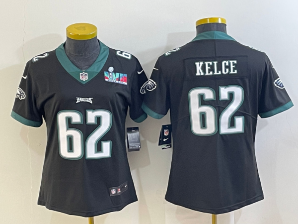 Women Philadelphia Eagles #62 Jason Kelce Black Super Bolw LVII Patch Vapor Untouchable Limited Jersey