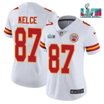 Women Kansas City Chiefs #87 Travis Kelce White Super Bowl LVII Patch Vapor Limited Jersey