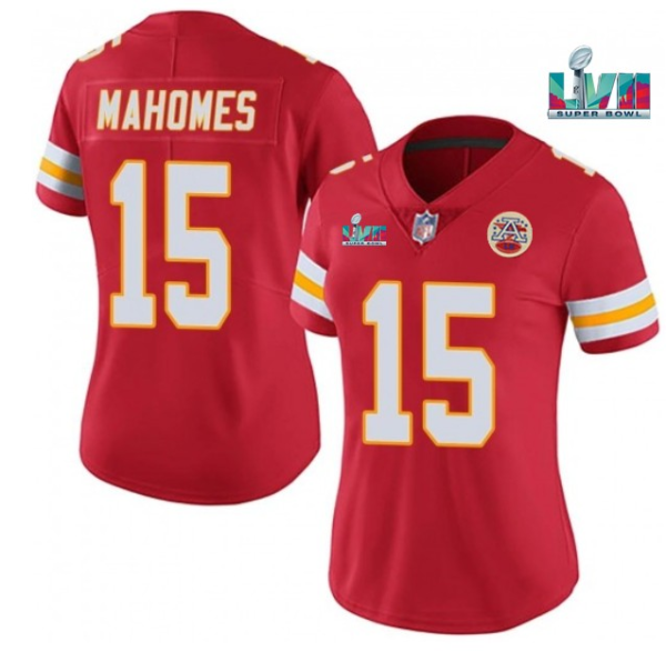 Women Kansas City Chiefs #15 Patrick Mahomes Red Super Bowl LVII Patch Vapor Limited Jersey