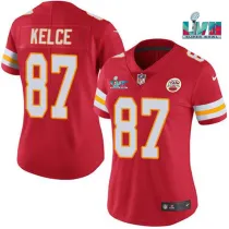 Women Kansas City Chiefs #87 Travis Kelce Red Super Bowl LVII Patch Vapor Limited Jersey