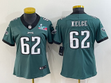 Women Philadelphia Eagles #62 Jason Kelce Green Super Bolw LVII Patch Vapor Untouchable Limited Jersey