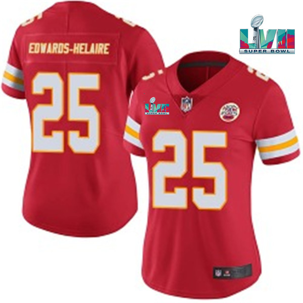 Women Kansas City Chiefs #25 Clyde Edwards-Helaire Red Super Bowl LVII Patch Vapor Limited Jersey