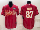 Men's Kansas City Chiefs #87 Travis Kelce Red With Super Bowl LVII Patch Baseball Jersey