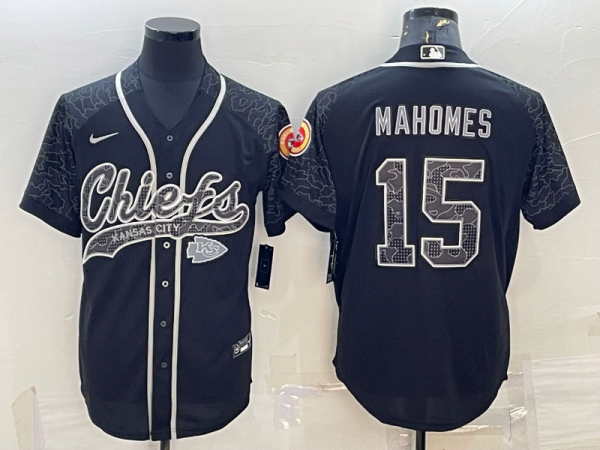 Men's Kansas City Chiefs #15 Patrick Mahomes Black Reflective With Patch Baseball Jersey