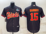 Men's Kansas City Chiefs #15 Patrick Mahomes Black With Super Bowl LVII Patch Baseball Jersey