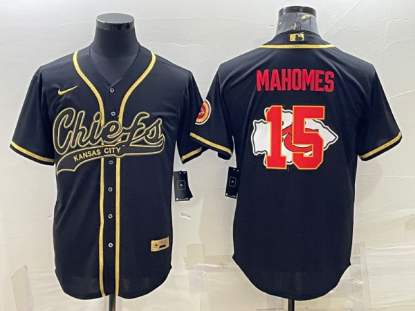 Men's Kansas City Chiefs #15 Patrick Mahomes Black Gold Team Big Logo With Patch Baseball Jersey