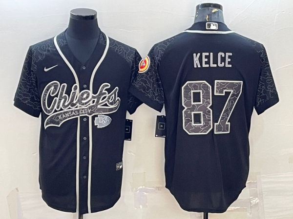 Men's Kansas City Chiefs #87 Travis Kelce Black Reflective With Patch Baseball Jersey