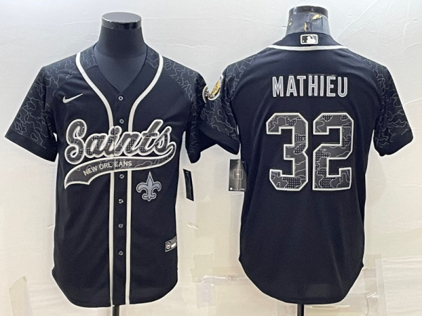 Men's New Orleans Saints #32 Tyrann Mathieu Black Reflective With Patch Baseball Jersey