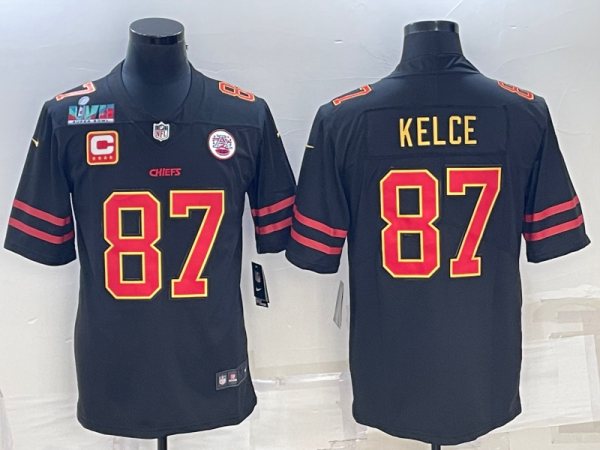 Men's Kansas City Chiefs #87 Travis Kelce Black Red Gold Super Bowl LVII Patch And 4-Star Limited Jersey