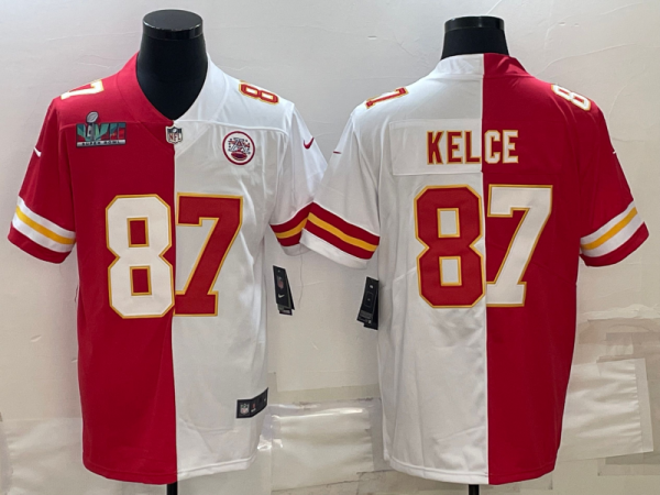 Men's Kansas City Chiefs #87 Travis Kelce Red & White Split Super Bowl LVII Patch Limited Jersey