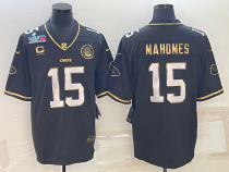 Men's Kansas City Chiefs #15 Patrick Mahomes Black Gold Super Bowl LVII Patch And 4-Star Limited Jersey