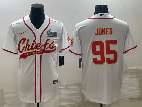 Men's Kansas City Chiefs #95 Chris Jones White With Super Bowl LVII Patch Baseball Jersey