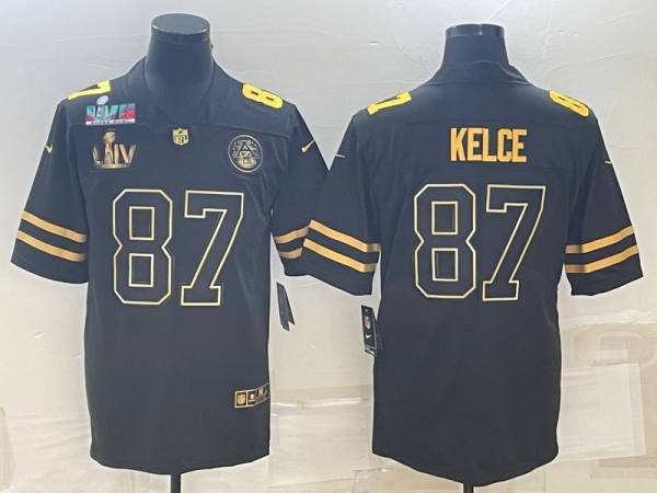 Men's Kansas City Chiefs #87 Travis Kelce Black Golden Super Bowl LV And Super Bowl LVII Limited Jersey