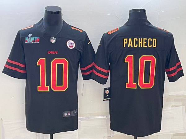 Men's Kansas City Chiefs #10 Isiah Pacheco Black Red Gold Super Bowl LVII Patch Limited Jersey