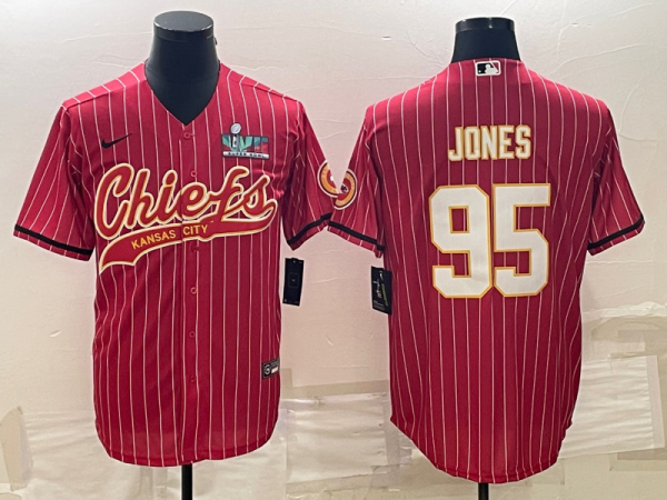 Men's Kansas City Chiefs #95 Chris Jones Red With Patch Baseball Jersey