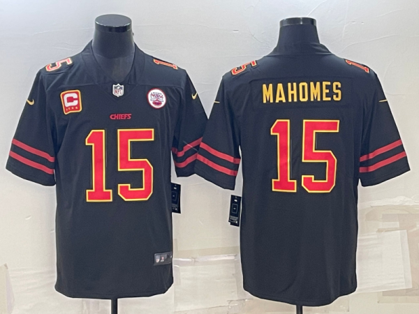 Men’s Kansas City Chiefs #15 Patrick Mahomes Black Red Gold 4-Star C Patch Vapor Limited Jersey