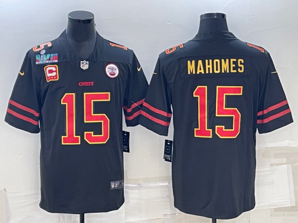 Men's Kansas City Chiefs #15 Patrick Mahomes Black Red Gold Super Bowl LVII Patch And 4-Star Limited Jersey