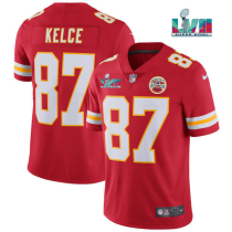 Men's Kansas City Chiefs #87 Travis Kelce Red Super Bowl LVII Patch Vapor Limited Jersey