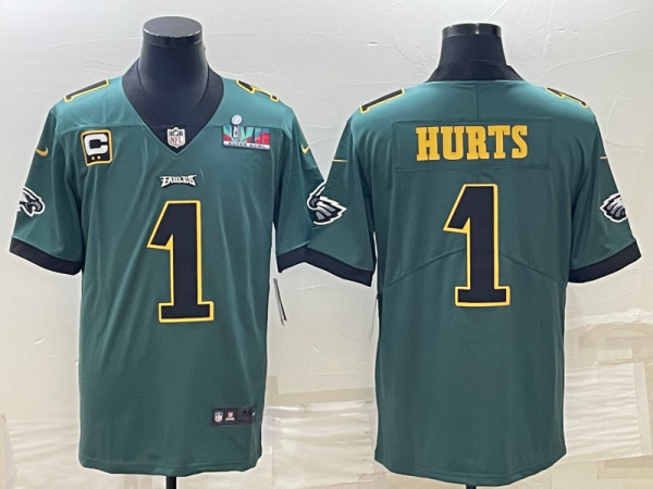 Men's Philadelphia Eagles #1 Jalen Hurts Green Golden Super Bowl LVII Patch /2-Star C Patch Vapor Limited Jersey