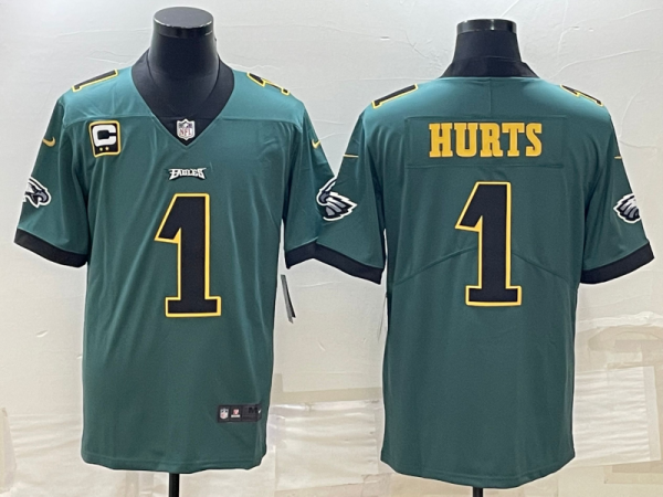 Men's Philadelphia Eagles #1 Jalen Hurts Green Golden 2-Star C Patch Vapor Limited Jersey