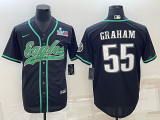 Men's Philadelphia Eagles #55 Brandon Graham Black With Super Bowl LVII Patch Baseball Jersey