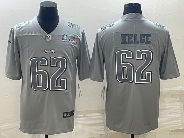 Men's Philadelphia Eagles #62 Jason Kelce Gray Super Bowl LVII Patch Atmosphere Fashion Limited Jersey