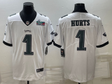 Men's Philadelphia Eagles #1 Jalen Hurts White Super Bowl LVII Patch Vapor Untouchable Limited Jersey