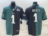 Men'sMen's Philadelphia Eagles #1 Jalen Hurts Black & Green Split Super Bowl LVII Patch Limited Jersey