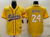 Men's Los Angeles Lakers Front #8 Back #24 Kobe Bryant Yellow Baseball Jersey