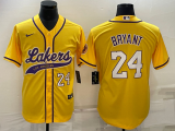 Men's Los Angeles Lakers #24 Kobe Bryant Yellow Baseball Jersey
