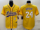 Men's Los Angeles Lakers Front #8 Back #24 Kobe Bryant Yellow Baseball Jersey