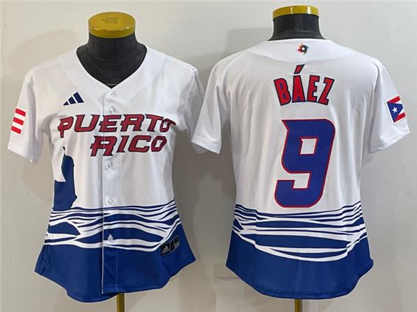 Women's Puerto Rico Baseball #9 Javier Báez 2023 White World Baseball Classic Stitched Jersey