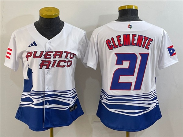 Women's Puerto Rico Baseball #21 Roberto Clemente 2023 White World Baseball Classic Jersey