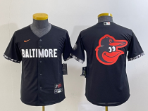 Youth MLB Baltimore Orioles Big Team Logo In Back Black 2023 City Connect Cool Base Stitched Jersey
