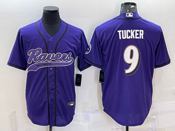 Men's Baltimore Ravens #9 Justin Tucker Purple With Patch Stitched Baseball Jersey