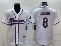 Men's Baltimore Ravens #8 Lamar Jackson White With Patch Stitched Baseball Jersey