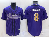 Men's Baltimore Ravens #8 Lamar Jackson Purple With Patch Stitched Baseball Jersey