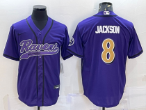 Men's Baltimore Ravens #8 Lamar Jackson Purple With Patch Stitched Baseball Jersey