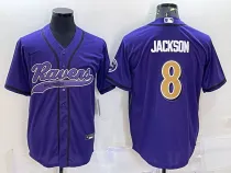 Men's Baltimore Ravens #8 Lamar Jackson Purple With Patch Stitched Baseball Jersey