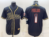 Men's Chicago Bears #1 Justin Fields Black Gold With Patch Cool Base Stitched Basebal Stitched Jersey