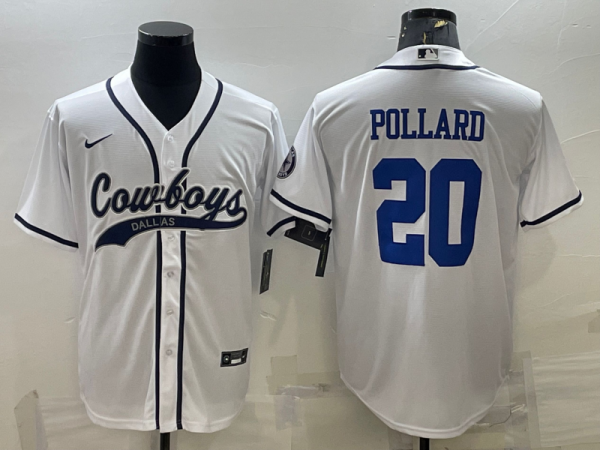 Men's Dallas Cowboys #20 Tony Pollard White With Patch Cool Base Stitched Baseball Jersey