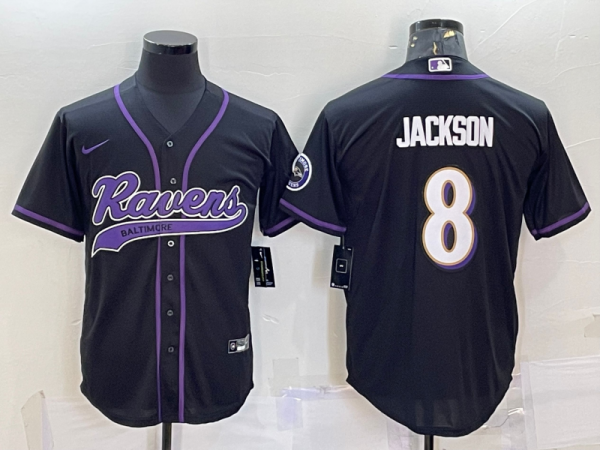 Men's Baltimore Ravens #8 Lamar Jackson Black With Patch Stitched Baseball Jersey